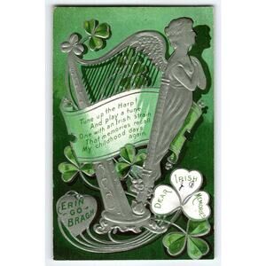 St Patrick's Day Postcard Dear Irish Memories Erin Go Bragh Ireland Silver Harp